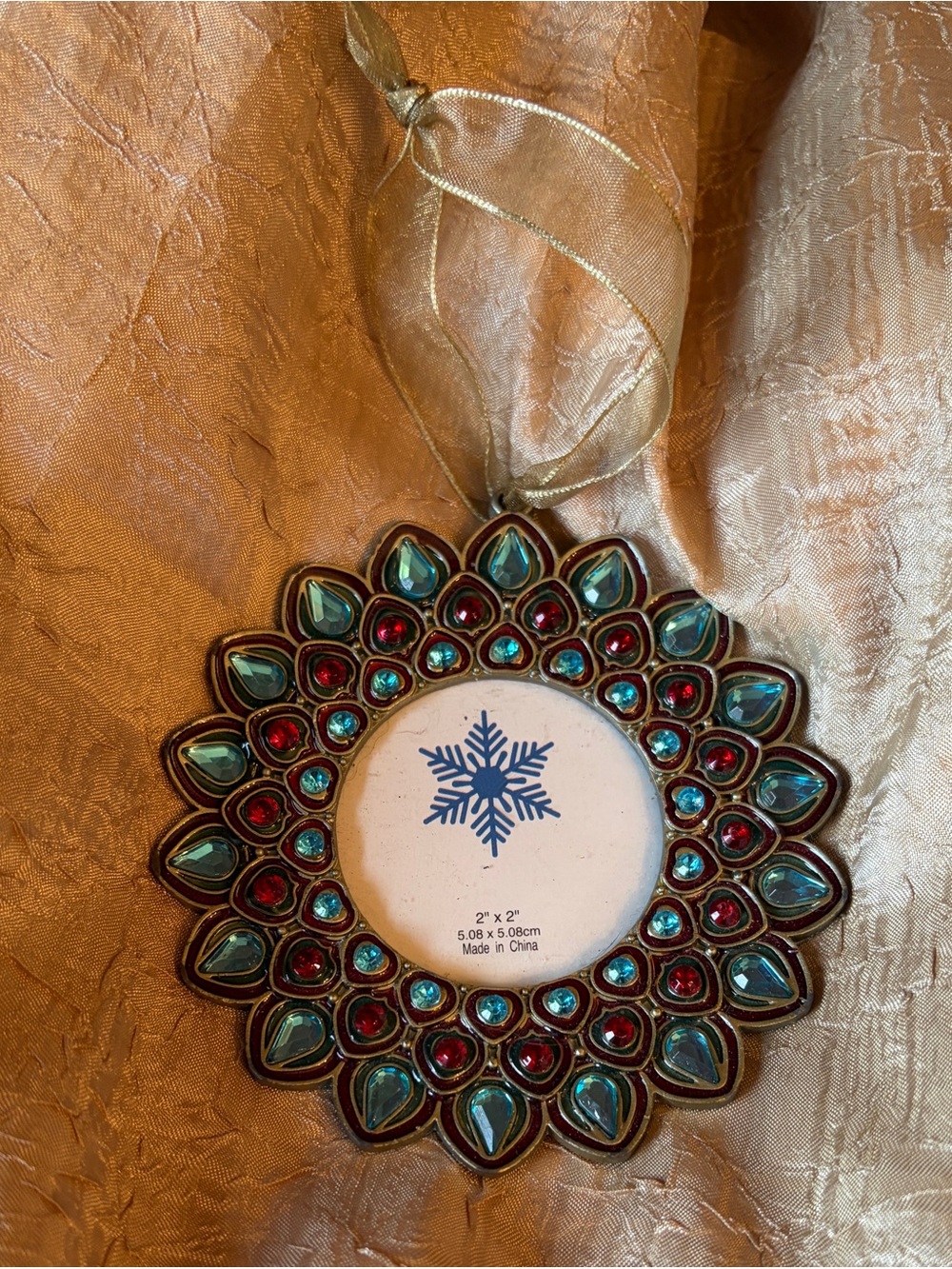 Vintage Jeweled Snowflake Photo Frame Hanging Christmas Ornament Gold Gem